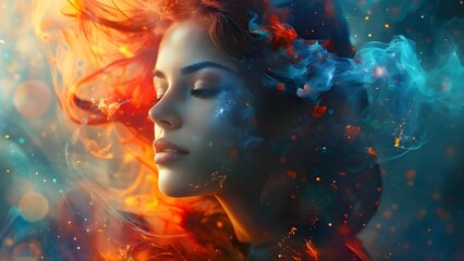 Abstract portrait of a woman, double exposure with colorful digital paint. Generative AI