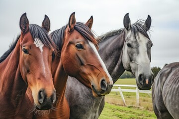 Obraz premium View from beside body of a three Thoroughbred Horse standing on grass, Awe-inspiring, Full body shot ::2 low Angle View