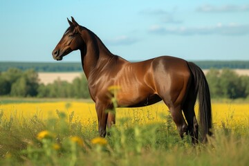 Fototapeta premium View from side body of a Thoroughbred Horse standing on grass, Awe-inspiring, Full body shot ::2 Side Angle View