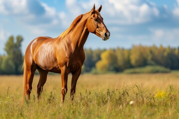 Obraz premium View from side body of a Thoroughbred Horse standing on grass, Awe-inspiring, Full body shot ::2 Side Angle View