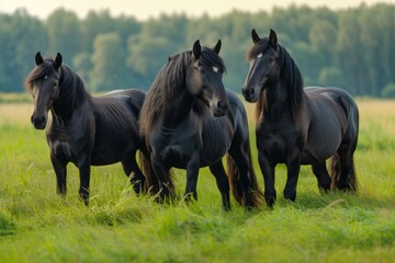 Fototapeta premium View from side body of a three Friesian Horse standing on grass, Awe-inspiring, Full body shot ::2 Side Angle View