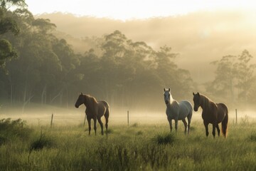 View from side body of a three Arabian Horse standing on grass, Awe-inspiring, Full body shot ::2 Side Angle View