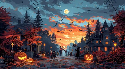 A vibrant, holiday-themed illustration of a Halloween scene, with trick-or-treaters, carved pumpkins, and spooky decorations, capturing the fun and excitement of the holiday. Illustration, Minimalism,