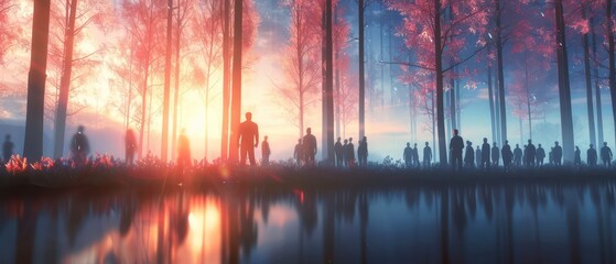 A diverse group of professionals walking together under a vibrant sunset, symbolizing teamwork and business success in an urban setting.