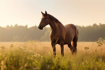 Obraz premium View from side body of a three Quarter Horse standing on grass, Awe-inspiring, Full body shot ::2 Side Angle View