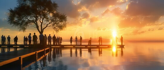 A diverse group of professionals walking together under a vibrant sunset, symbolizing teamwork and business success in an urban setting.