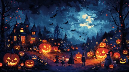A vibrant, holiday-themed illustration of a Halloween scene, with trick-or-treaters, carved pumpkins, and spooky decorations, capturing the fun and excitement of the holiday. Illustration, Minimalism,