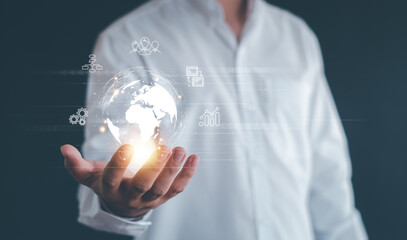 Big data and analytics visualization technology with scientist analyzing information structure on...