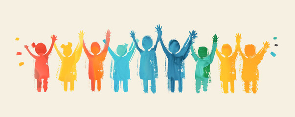 Happy children standing with raising hands in the air. Concept of happy and friendship.