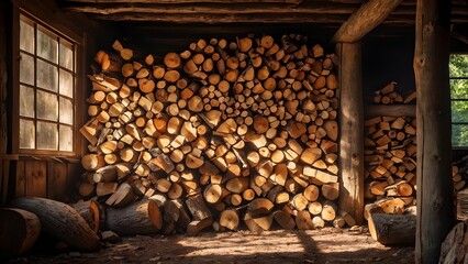 Meticulously arranged log wood firewood stack. Generative AI