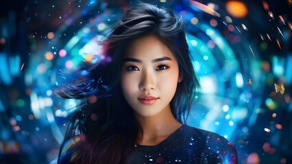 Photorealistic Asian girl with double exposure, colorful digital art. Generative AI
