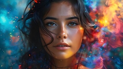 Photorealistic Fantasy Abstract Portrait of Beautiful Mexican Girl, Vibrant Colors. Generative AI