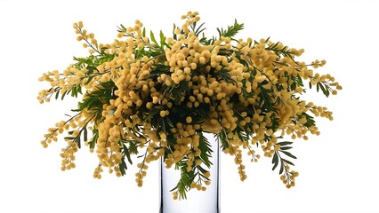 Mimosa in glass vase on white background top view