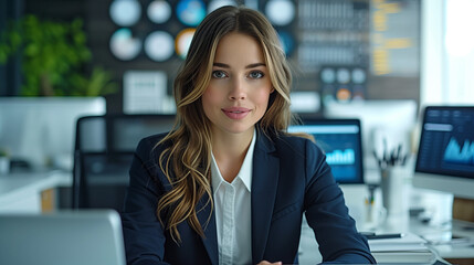 Portrait of a young businesswoman or a banker or data analyst wearing a suit sitting at her desk in front of a screen in a modern office with graphs and charts in the background