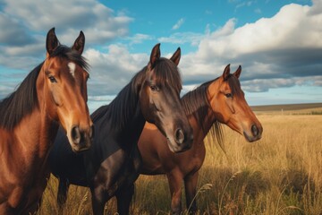Fototapeta premium View from side body of a three Thoroughbred Horse standing on grass, Awe-inspiring, Full body shot ::2 Side Angle View