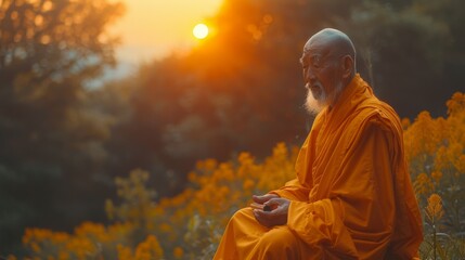 Obraz premium Tibetan Monk Playing Flute in Nature