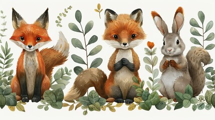 A cute, whimsical illustration of woodland creatures, including foxes, rabbits, and squirrels, in a lush forest setting, perfect for children's books and nursery decor. Illustration, Minimalism,
