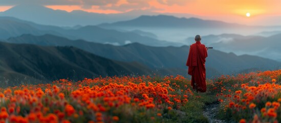 Tibetan Monk Playing Flute in Nature