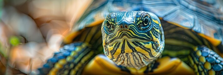 A detailed photograph of a turtles head with intricate shell patterns, showcasing the beauty of nature