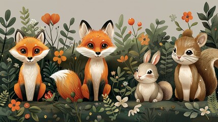 Obraz premium A cute, whimsical illustration of woodland creatures, including foxes, rabbits, and squirrels, in a lush forest setting, perfect for children's books and nursery decor. Illustration, Minimalism,