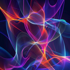 Obraz premium Colorful abstract background with smooth lines and curves that form an otherworldly landscape, glowing neon lights creating dynamic light patterns on a black background
