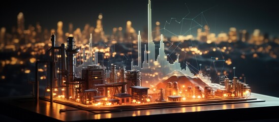 Digital screen double exposure concept with financial graph charts and oil refinery pump