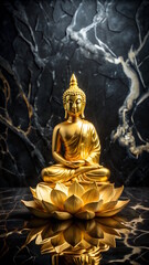 Fototapeta premium Golden Buddha statue in lotus position on black marble background