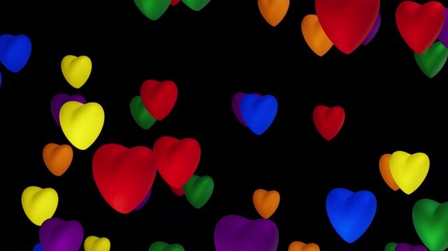 Animated hearts in LGBT flag colors on alpha loop. Flag colors symbol of TLGBT community. Perfect for video content, presentation and campaign, LGBTQ pride celebration.