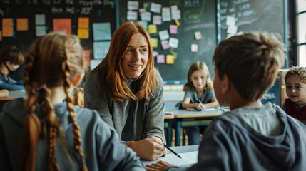 A teacher helping students with a creative storytelling project