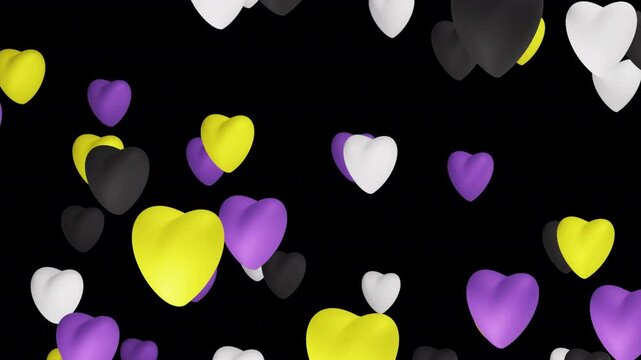 Animated hearts in Non Binary flag colors on alpha loop. Flag colors symbol of Non Binary community. Perfect for video content, presentation and campaign, LGBTQ pride celebration.