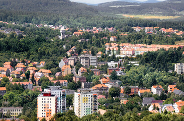 Obraz premium Cityscape of Walbrzych. View from above. Sudetes Mountains landscape.