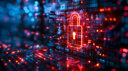 Fototapeta premium A digital padlock icon on a computer screen, symbolizing data security and protection. The screen displays a background of binary code and circuitry, emphasizing the importance of cybersecurity.