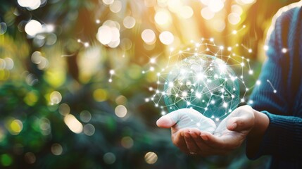 Obraz premium Illustrates a scene with a man's hands holding a global network and data customer connection, set against a nature background.