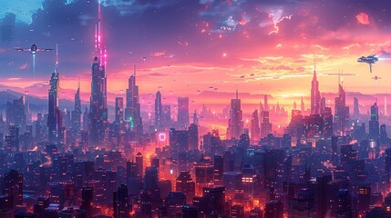 Obraz premium A dynamic, futuristic illustration of a cyberpunk cityscape, with towering skyscrapers, neon lights, and flying vehicles, perfect for sci-fi and dystopian themes. Illustration, Minimalism,