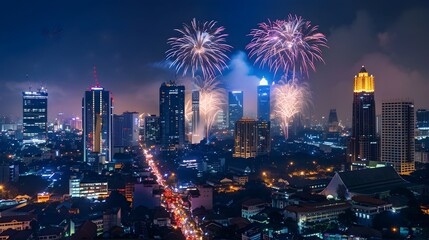 Vibrant Fireworks Over the Illuminated Skyline of Jakarta at Night