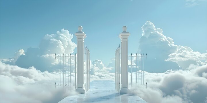 Golden gates symbolizing heaven in clouds pathway to paradise meeting God. Concept Religious Symbolism, Golden Gates, Heaven's Pathway, Meeting God, Paradise