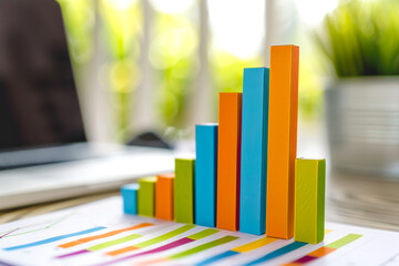 shows a close-up of a bar graph on a desk has a colorful background with squares in shades of orange, yellow, blue, and green