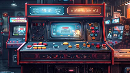 A detailed, realistic illustration of a classic arcade game cabinet, with colorful buttons and joysticks, perfect for retro gaming enthusiasts. Illustration, Minimalism,