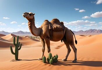 Camel in the Desert with Cactus Plants