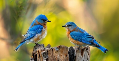 Obraz premium Bluebirds perched on a tree stump, with a natural background, scenic beautiful view