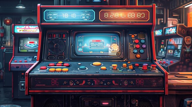 A detailed, realistic illustration of a classic arcade game cabinet, with colorful buttons and joysticks, perfect for retro gaming enthusiasts. Illustration, Minimalism,