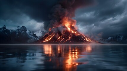 Fototapeta premium Dramatic Volcanic Eruption Reflecting in Tranquil Lake with Stormy Clouds