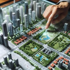 An urban planner interacts with a detailed city model, focusing on sustainable development and green spaces. AIG41