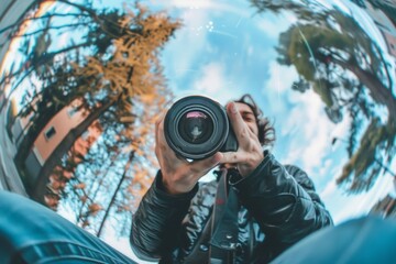 Obraz premium The fish eye lens offers a fascinating perspective of the enthusiastic photographer taking photos, his camera seemingly an extension of his artistic vision