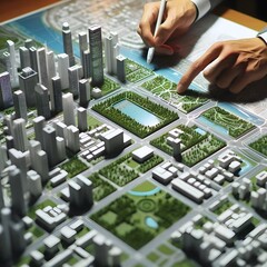 Obraz premium An urban planner interacts with a detailed city model, focusing on sustainable development and green spaces. AIG41