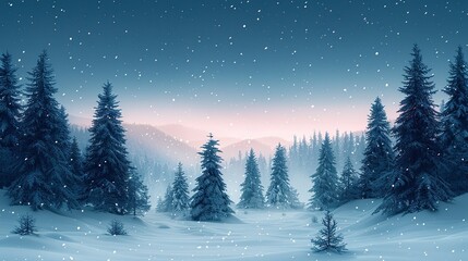 A serene, minimalist illustration of a snow-covered forest, with tall pine trees and soft flakes falling from the sky, evoking a sense of winter tranquility. Illustration, Minimalism,