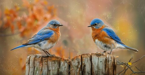 Obraz premium Bluebirds perched on a tree stump, with a natural background, scenic beautiful view