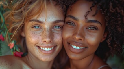 Obraz premium Lesbian couple in love embracing in nature, a romantic scene between two women. illustration images