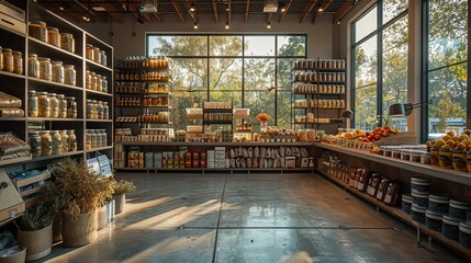 Eco-friendly grocery store boasts bulk products in reusable containers, illuminated by natural sunlight for a sustainable shopping experience. illustration images