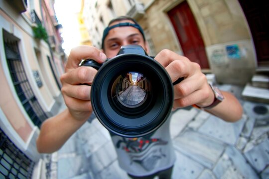 Taking photos with enthusiasm, the photographer is seen through the fish eye lens, his camera becoming a tool for artistic expression in a beautifully distorted close-up
